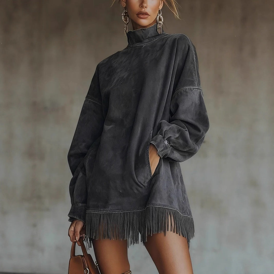 Suede Look Mock Neck Long Sleeve Fringe Hem Oversized Sweatshirt Mini Dress 3
