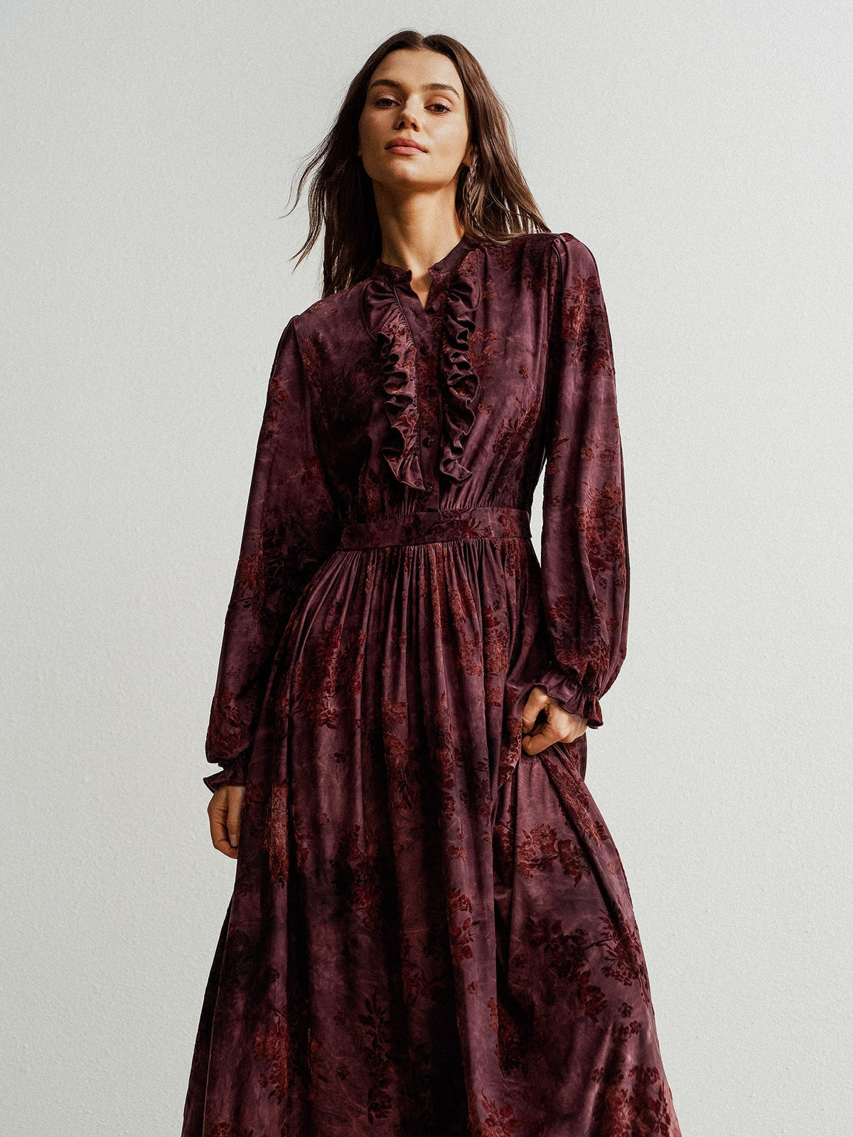 Floral Print Ruffle Front Band Collar Balloon Sleeve Maxi Dress 2
