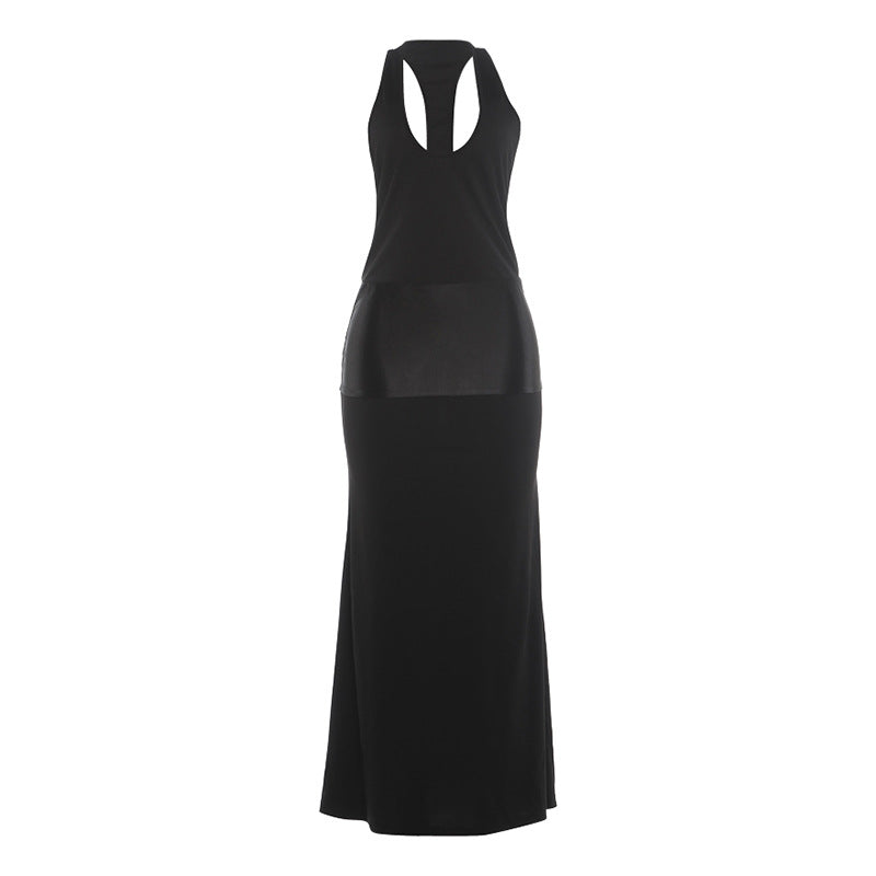 Deep Scoop Neck Sleeveless Satin Drop Waist Column Maxi Dress 2
