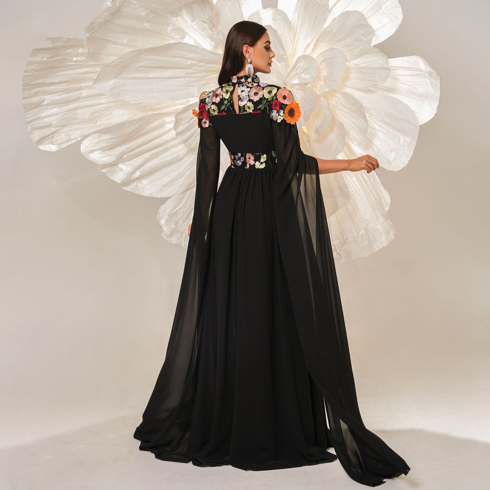 High Neck 3D Floral Applique Cape Sleeve Pleated Chiffon Maxi Gown
