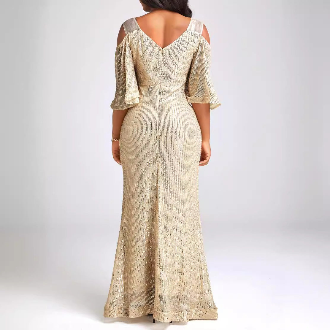 Sequin V-Neck Cold Shoulder Flutter Sleeve High Split Maxi Dress 2