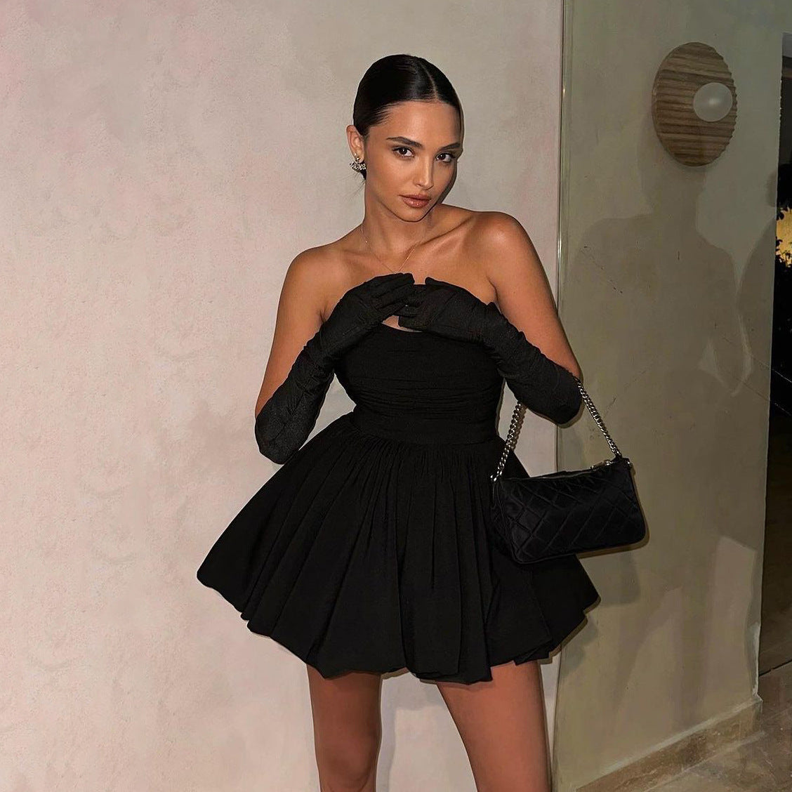 Strapless Cut Out Ruched Pleated Mini Dress