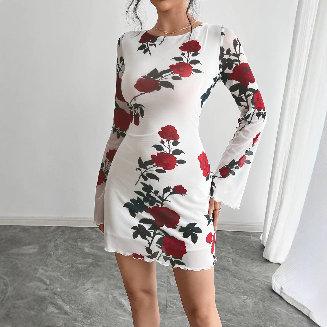 Rose Print Mesh Crew Neck Bell Sleeve Lettuce Hem Bodycon Mini Dress