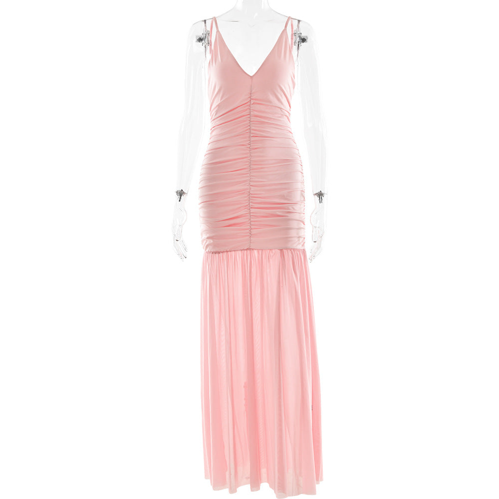 Straps Tulle Deep V Plunge Pleated Stitched Backless Maxi Dress - View 3