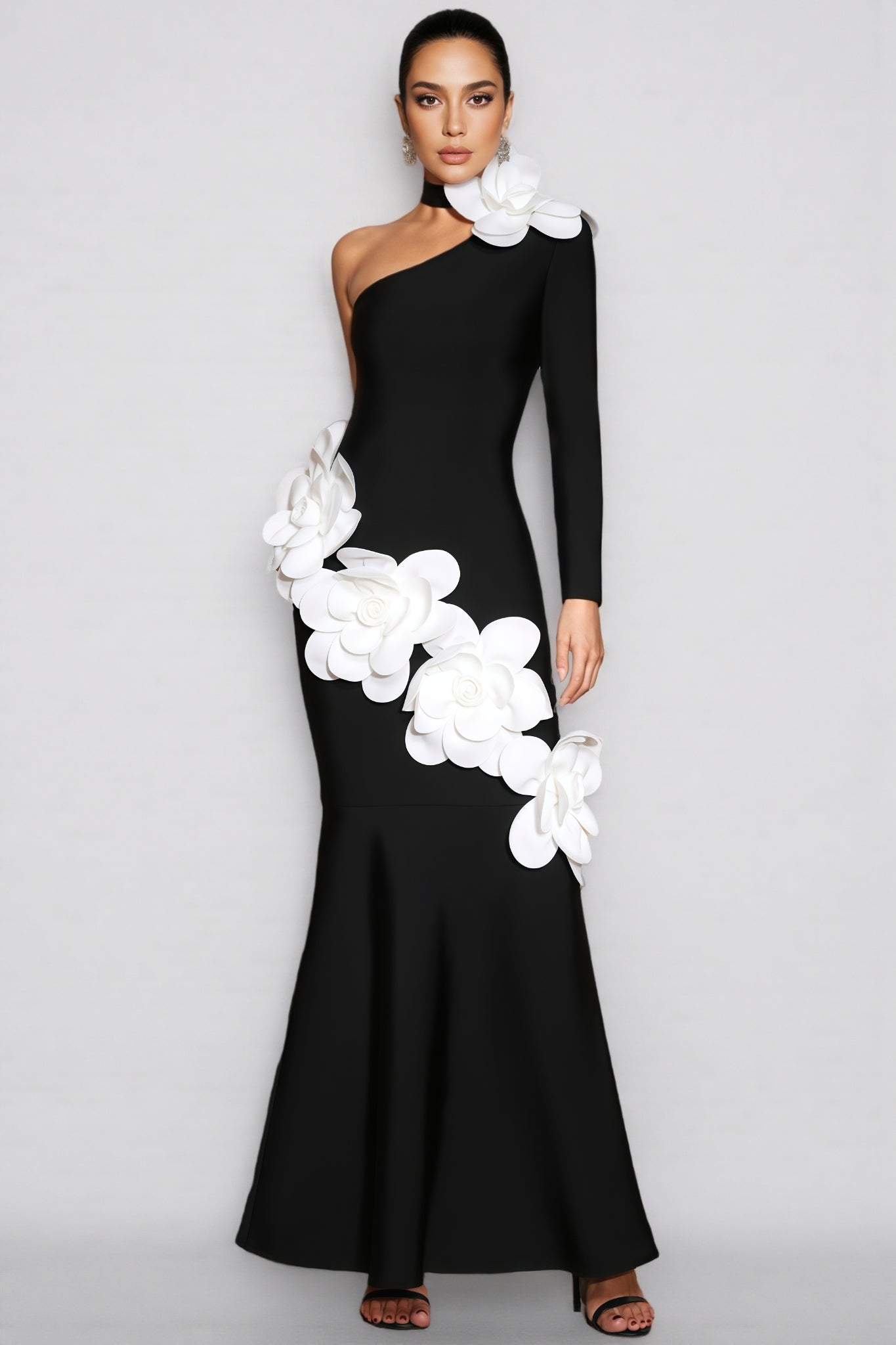 Zellk One Shoulder 3D Floral Bandage Maxi Dress - View 3