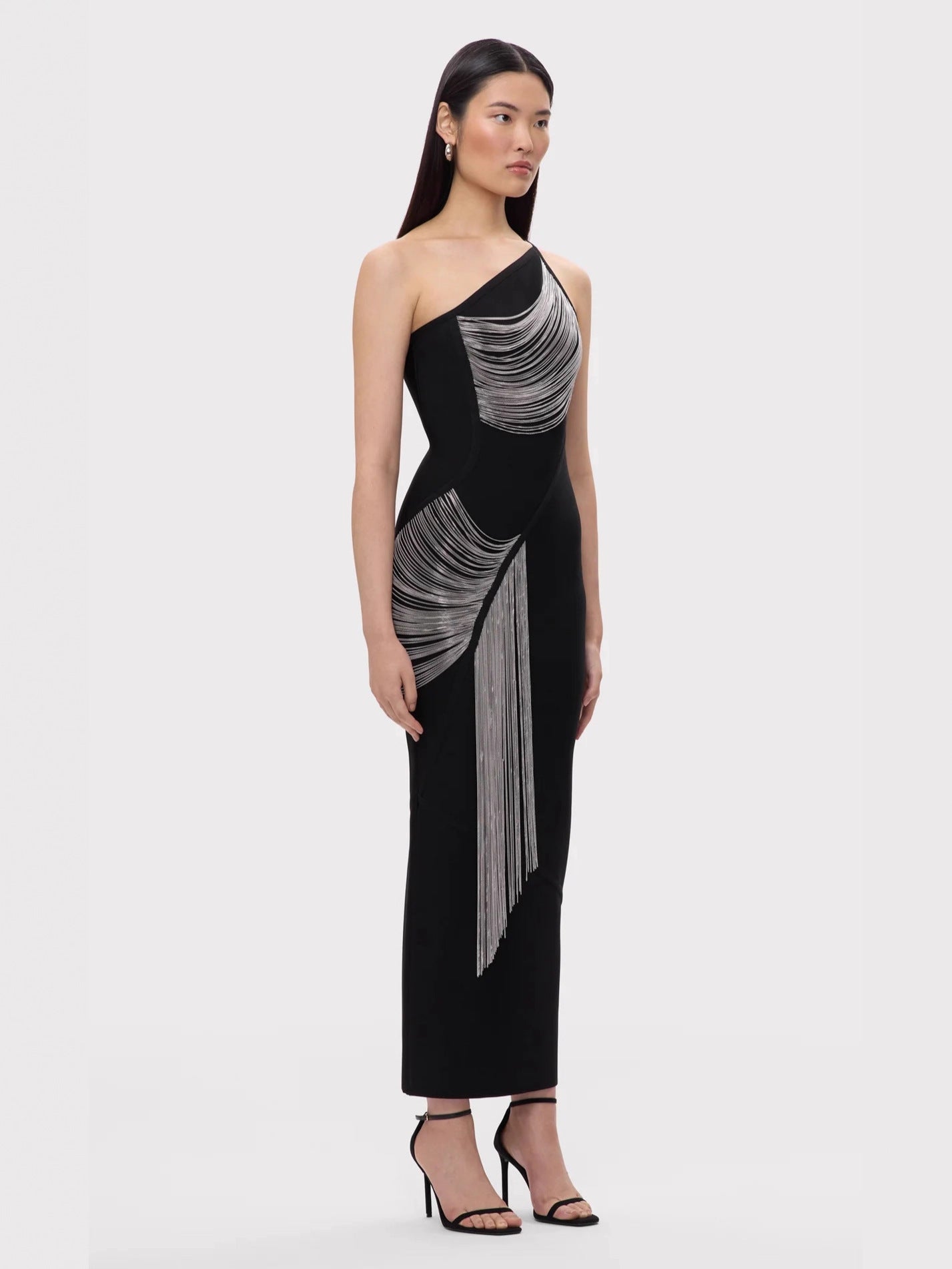 One Shoulder Chain Fringe Bodycon Maxi Dress
