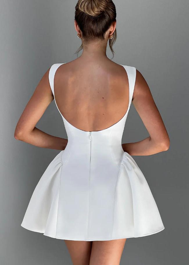 Boat Neck Sleeveless Princess Seam Structured Sculptural Fit and Flare Mini Cocktail Dress