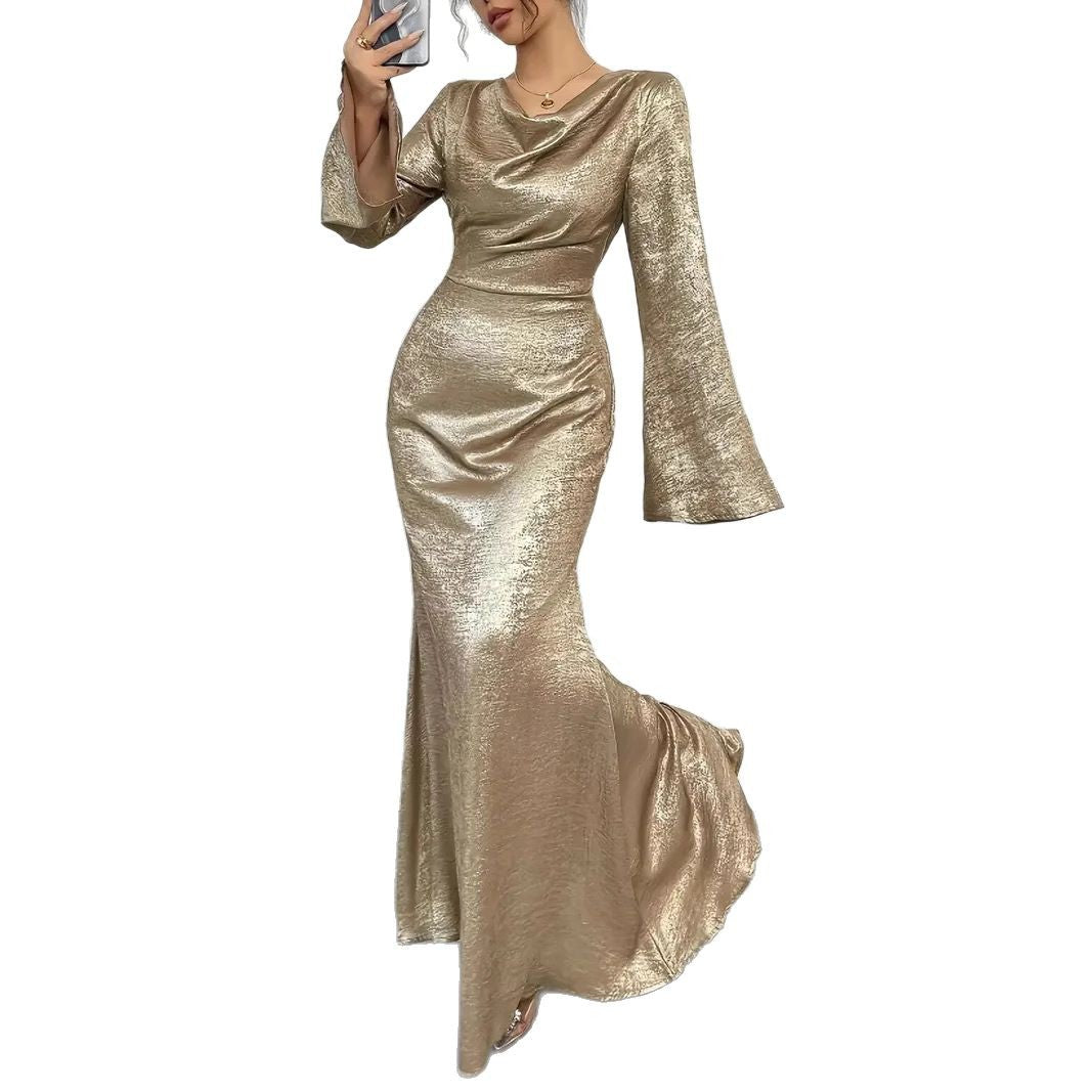 Metallic Cowl Neck Bell Sleeve Maxi Gown