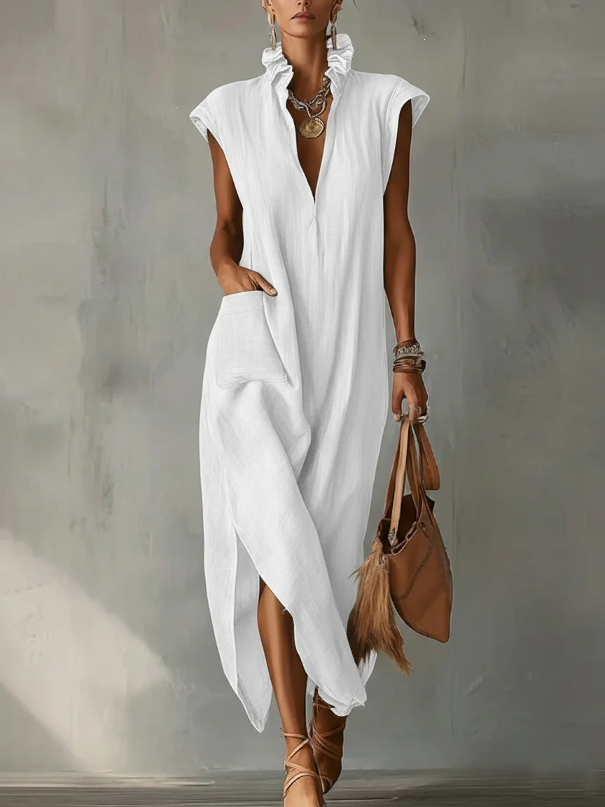 High Neck Cap Sleeve High Split Pocket Maxi Dress 9