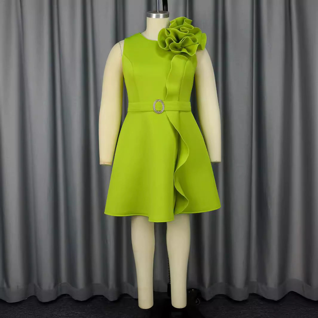 Sleeveless 3D Rosette Shoulder Cascade Ruffle Belted A-Line Midi Dress