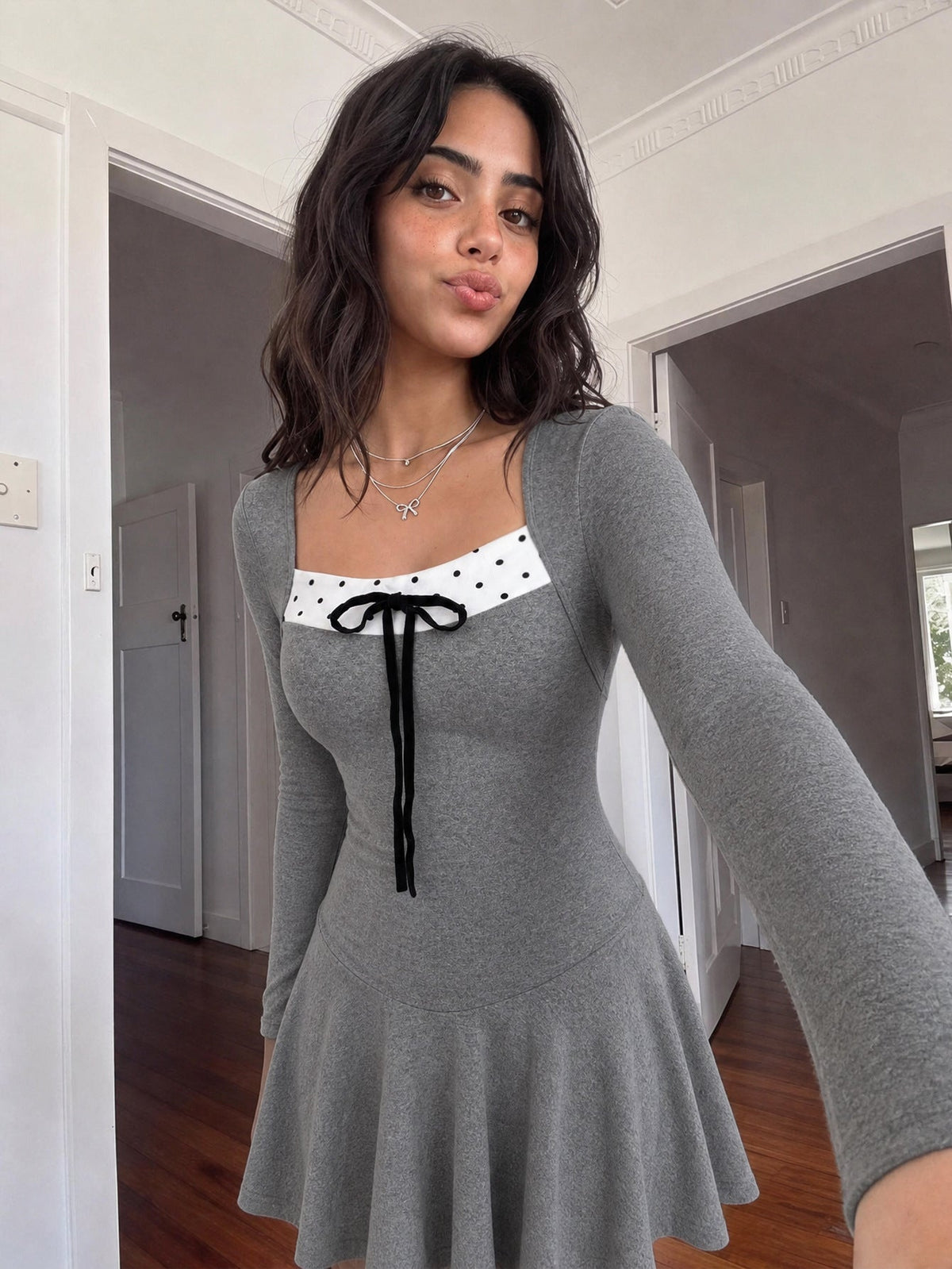 Square Neck Polka Dot Trim Bow Tie Long Sleeve Skater Mini Dress 2