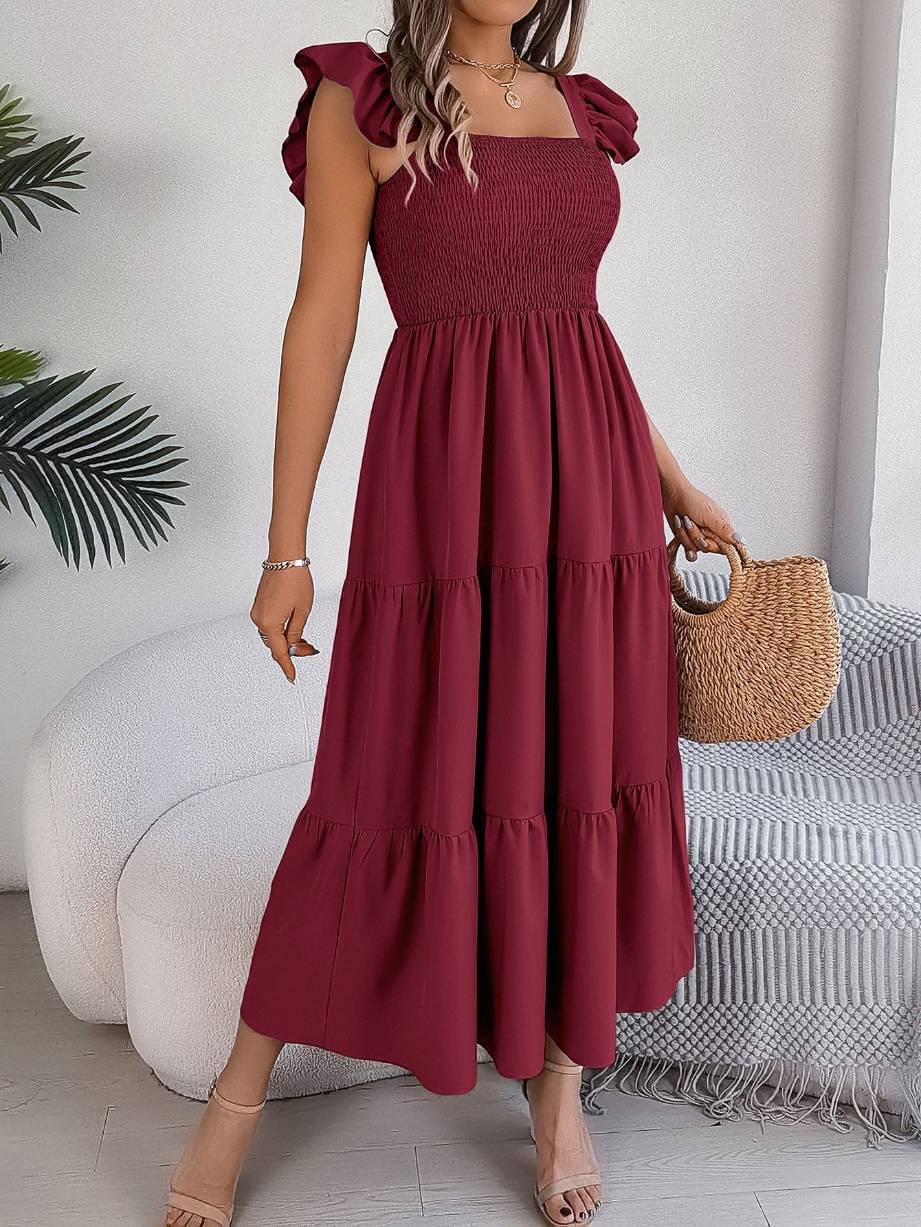 Square Neck Flutter Sleeve Smocked Bodice Tiered Maxi Dress 4