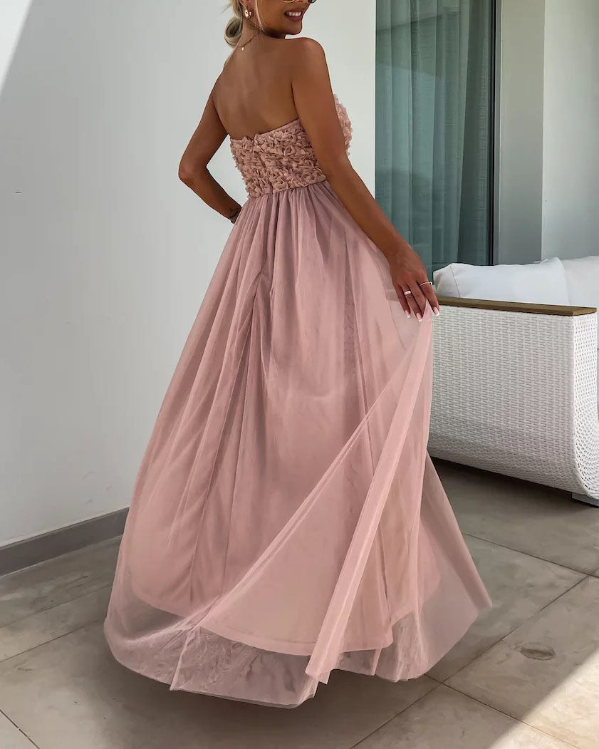 Off-shoulder tube top mesh slit tutu dress