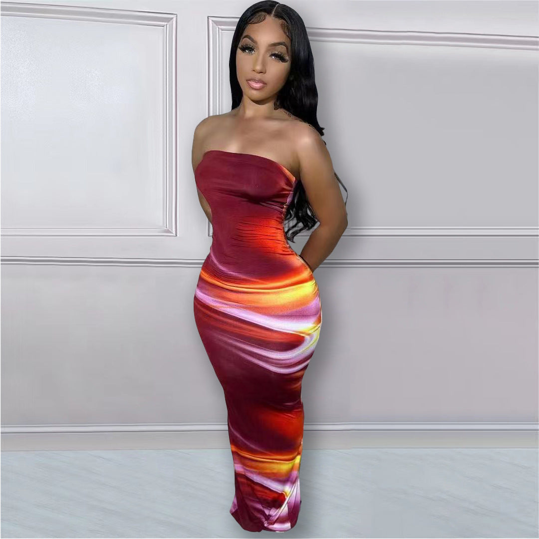 Abstract Print Strapless Tube Bodycon Maxi Dress