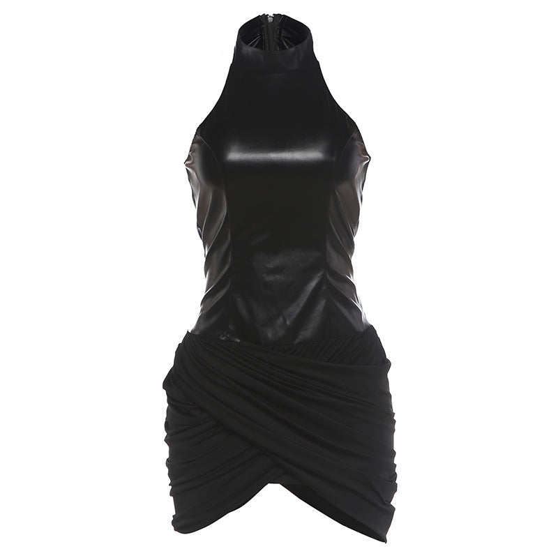 Faux Leather Halter Neck Ruched Wrap Skirt Bodycon Mini Dress 5