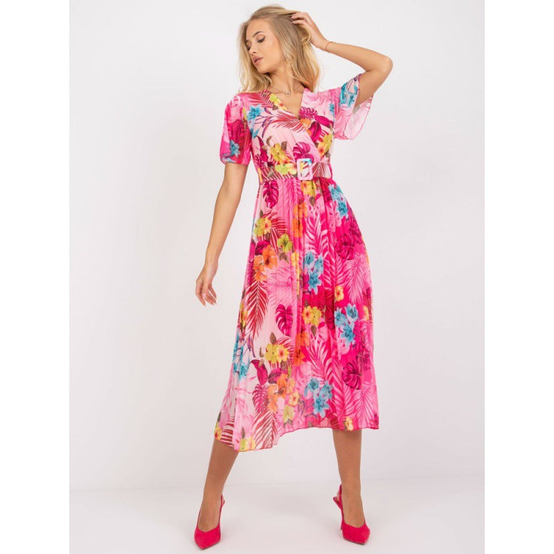 V-Neck Short Sleeve Floral Pleated Belted Midi Dress