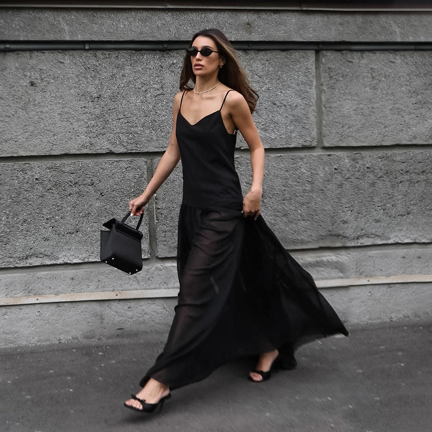 Chiffon V-Neck Spaghetti Strap Flowy Maxi Dress