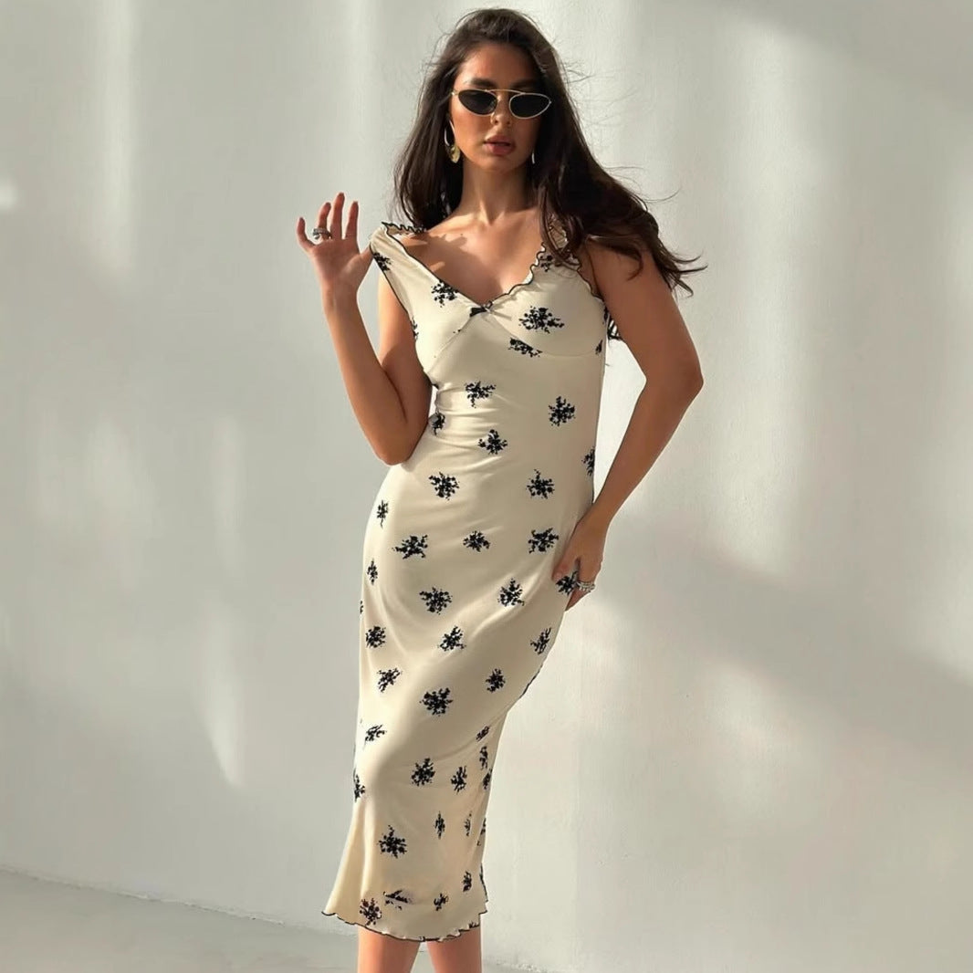 Floral Print V-Neck Lettuce Trim Bow Detail Slip Midi Dress