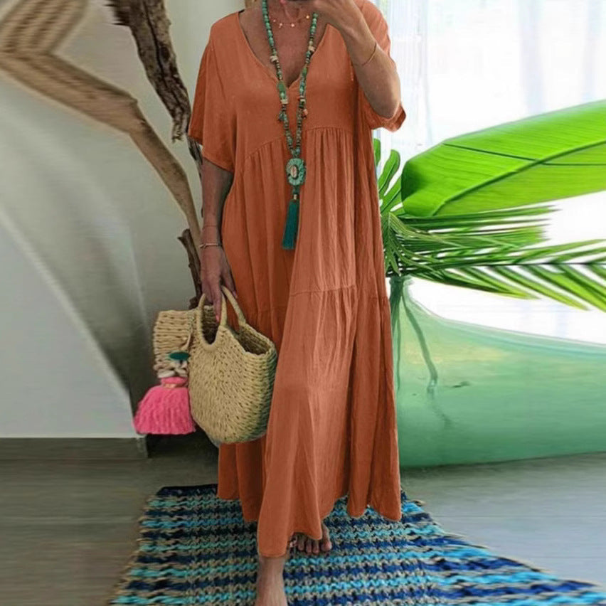 V-Neck Short Sleeve Tiered Linen Maxi Dress