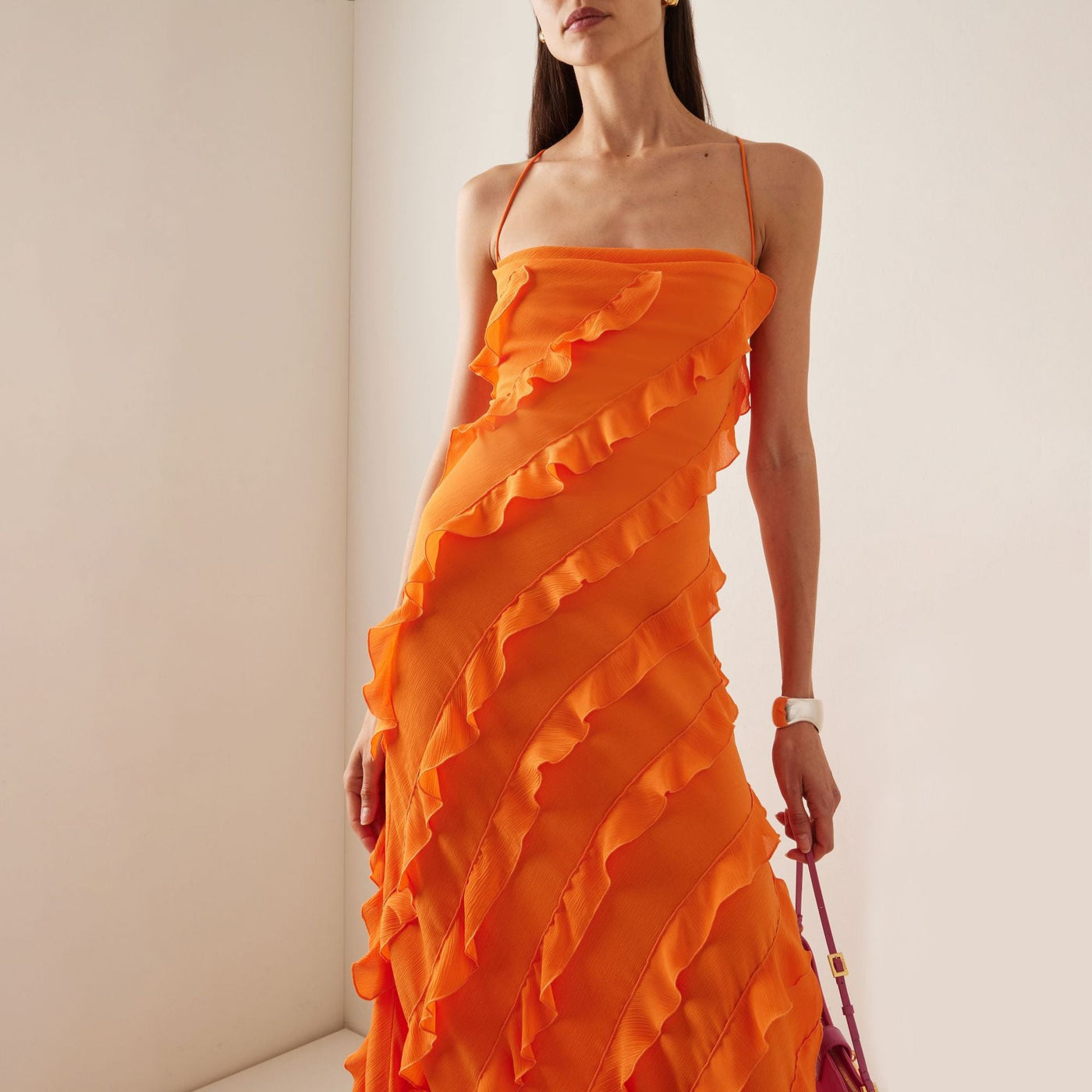 Chiffon Spaghetti Strap Ruffle High Split Maxi Dress 2