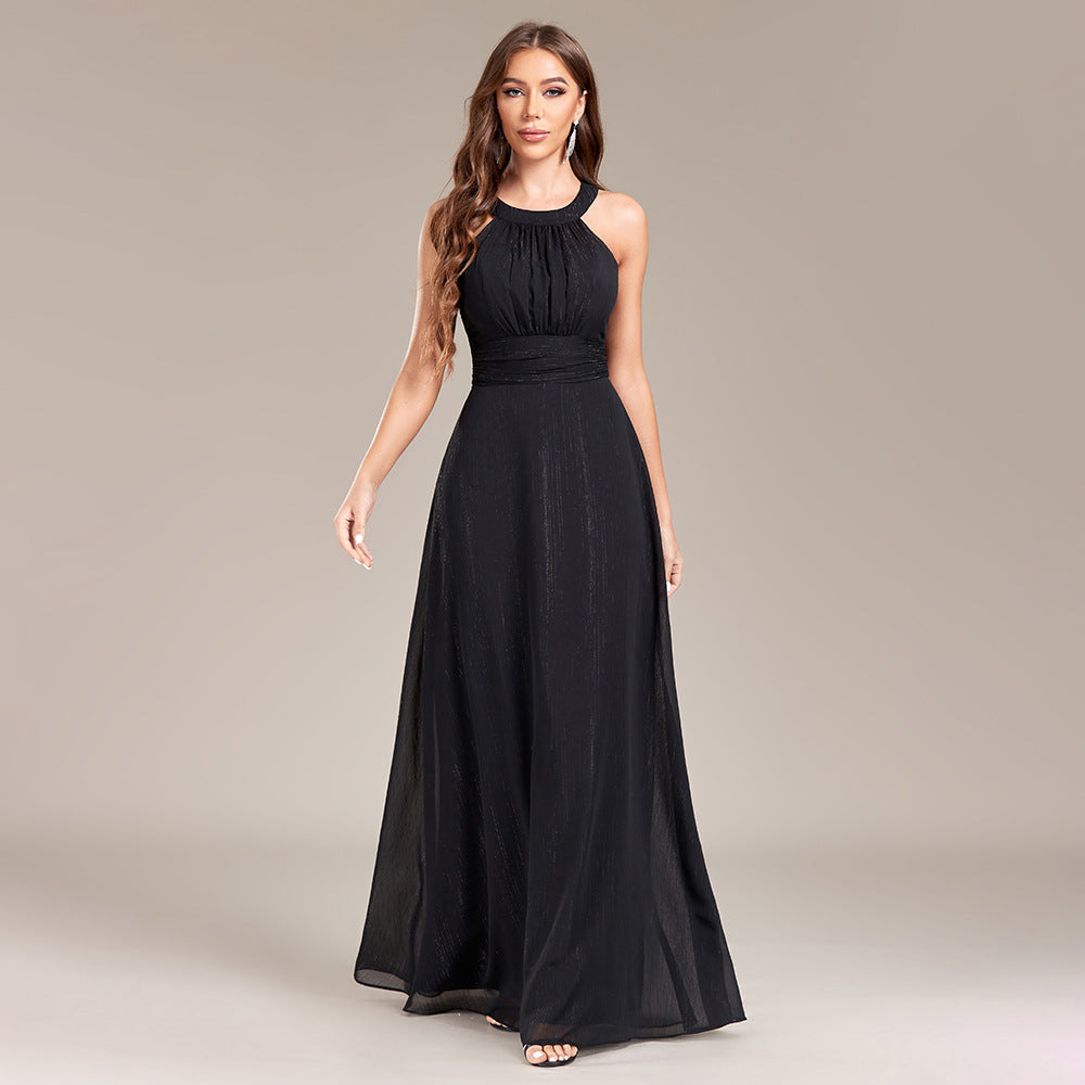 Halter Neck Pleated Waist Chiffon A-Line Maxi Gown