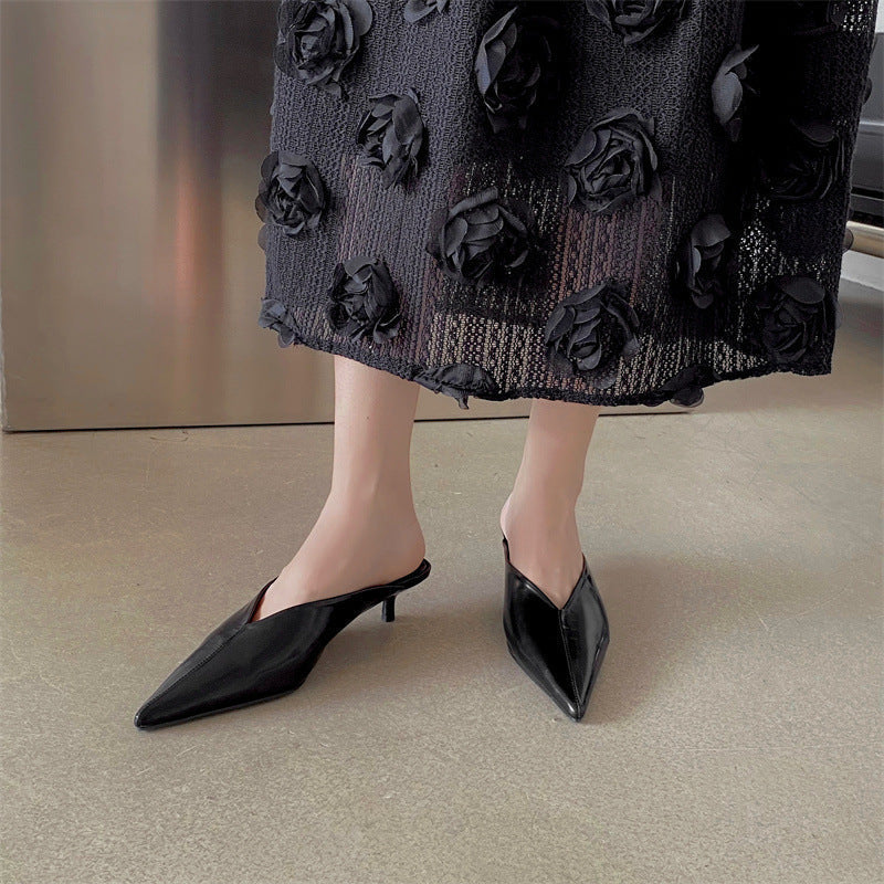 Pointed Toe V Cut Low Heel Mules