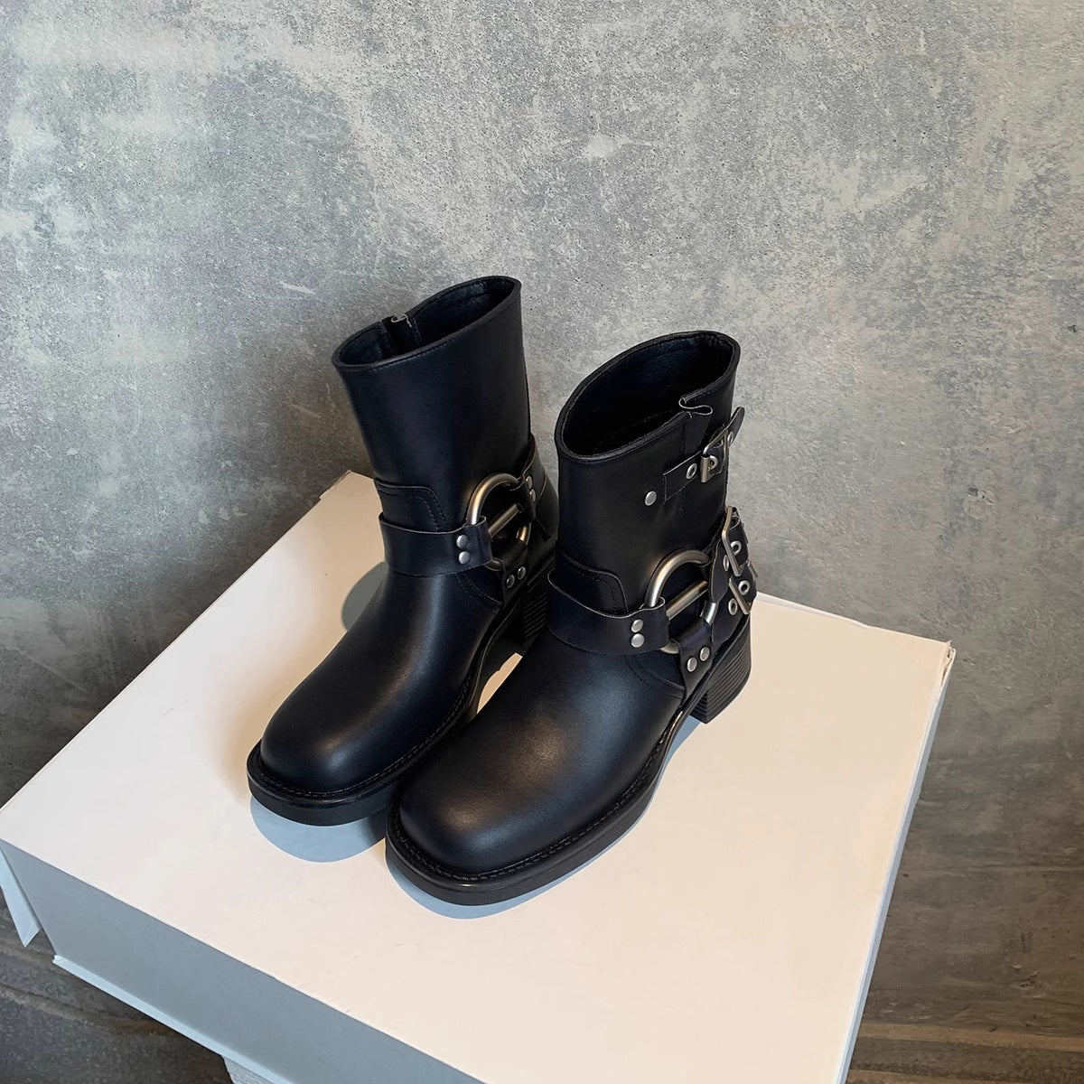 Buckle Harness Block Heel Ankle Moto Boots