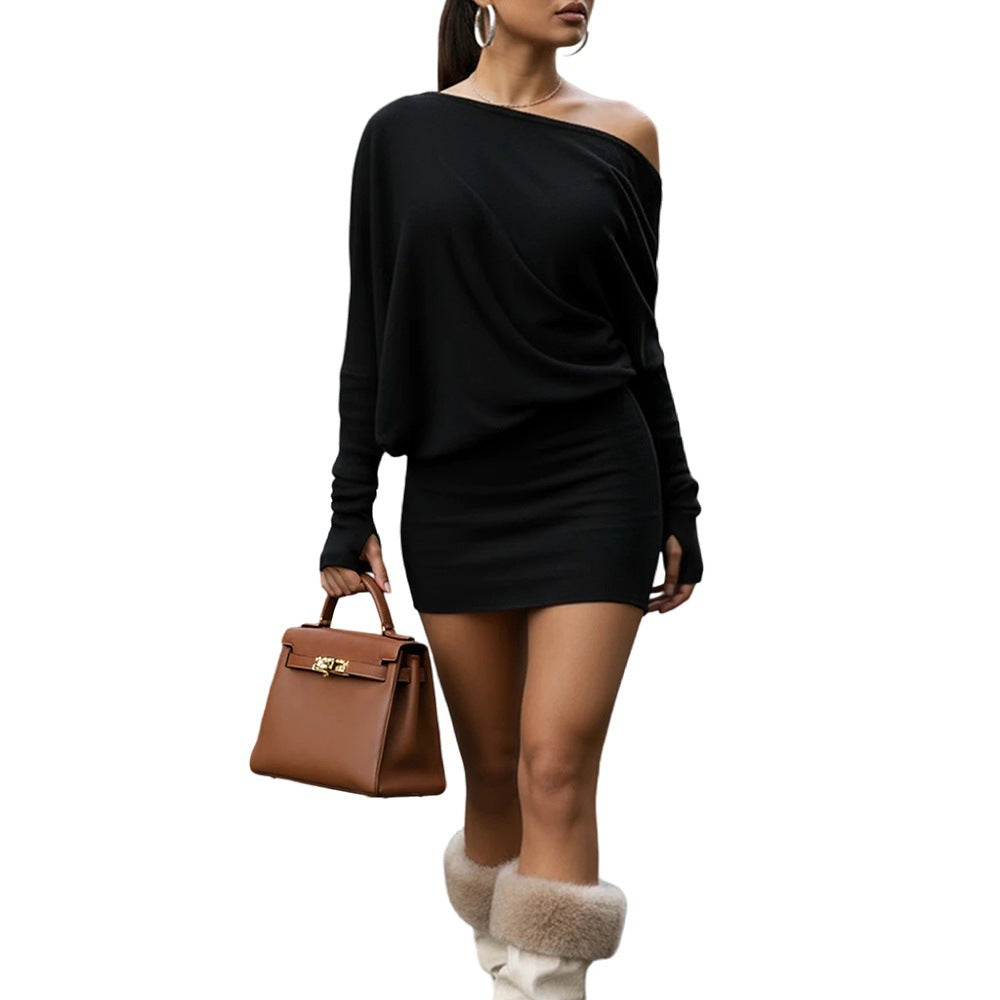 Knit Off Shoulder Batwing Long Sleeve Blouson Bodycon Mini Dress 5