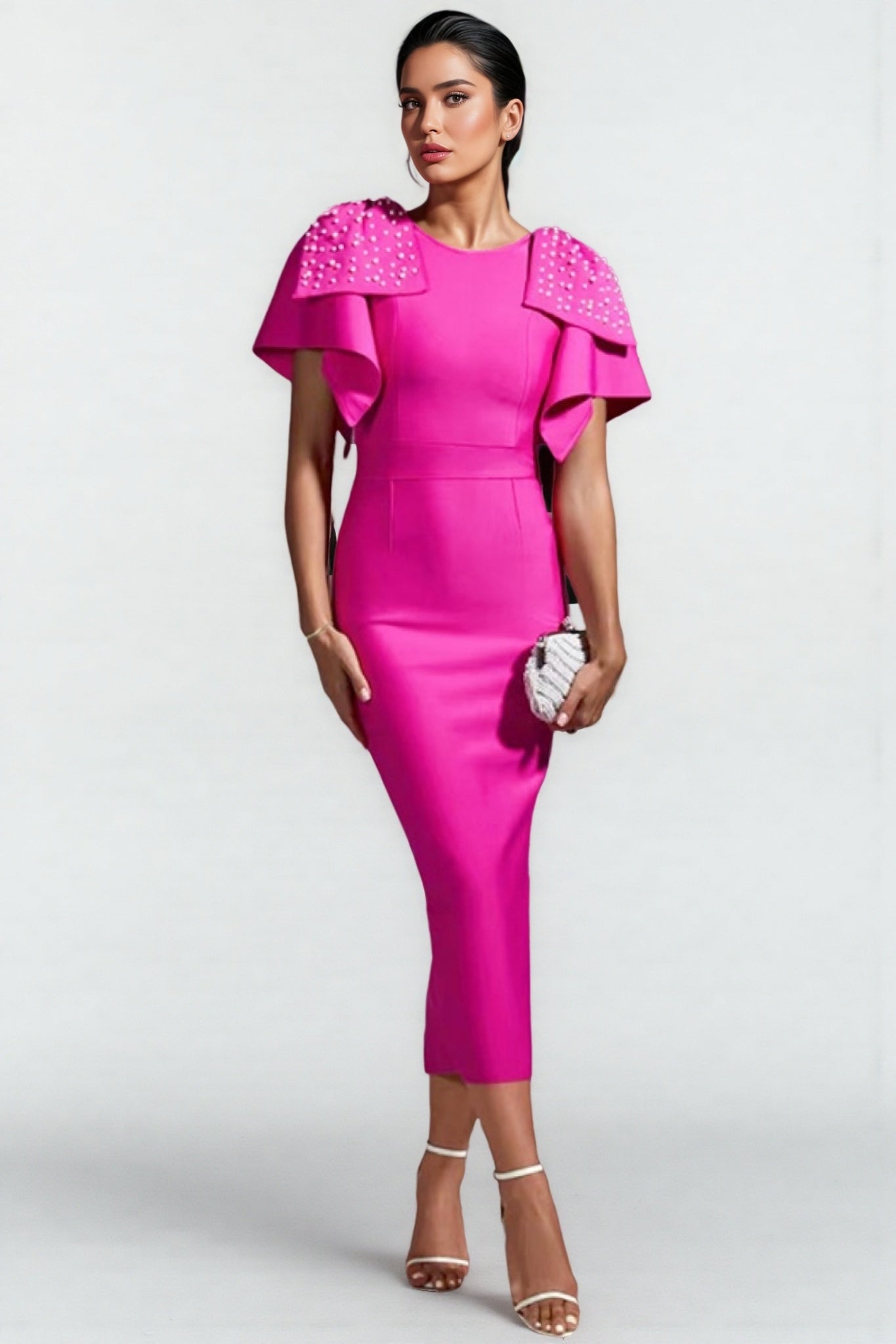 Pearl Embellished Ruffle Cape Sleeve Bodycon Midi Dress