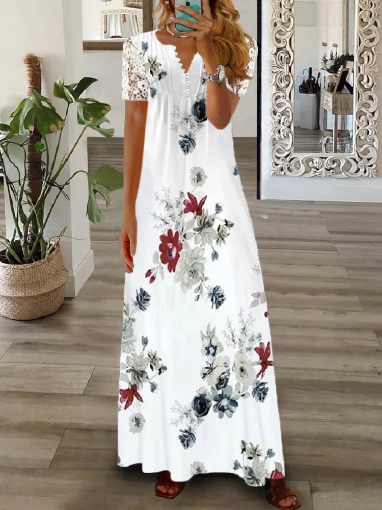 Lace Sleeve V-Neck Long Sleeve Pleated Maxi Dress 13
