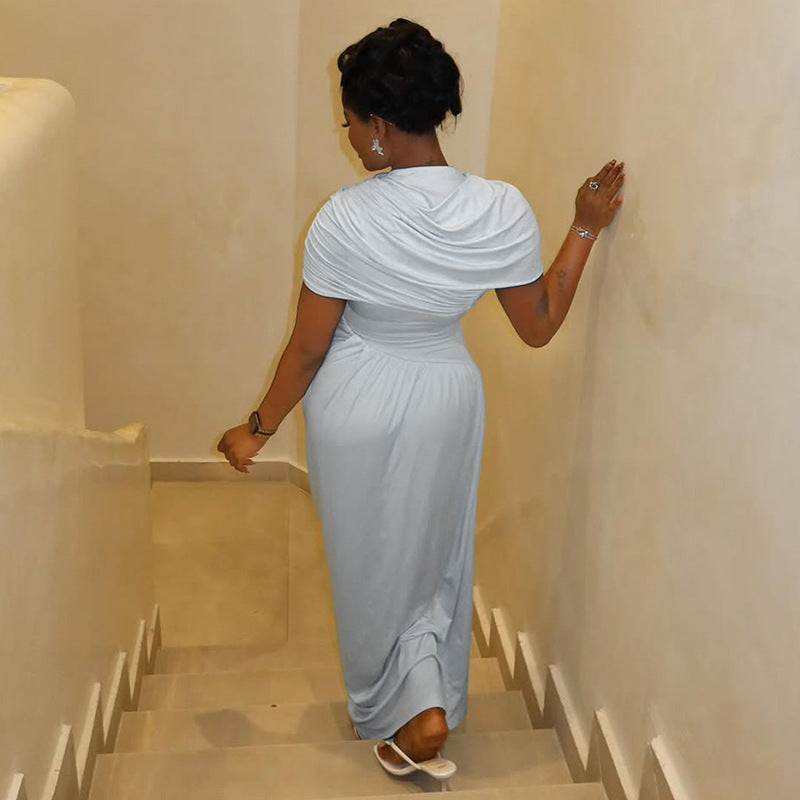 Solid Color Pleated Loose Comfortable Hip Office Waist Tight Turtleneck Short Sleeve Asymmetric Dress