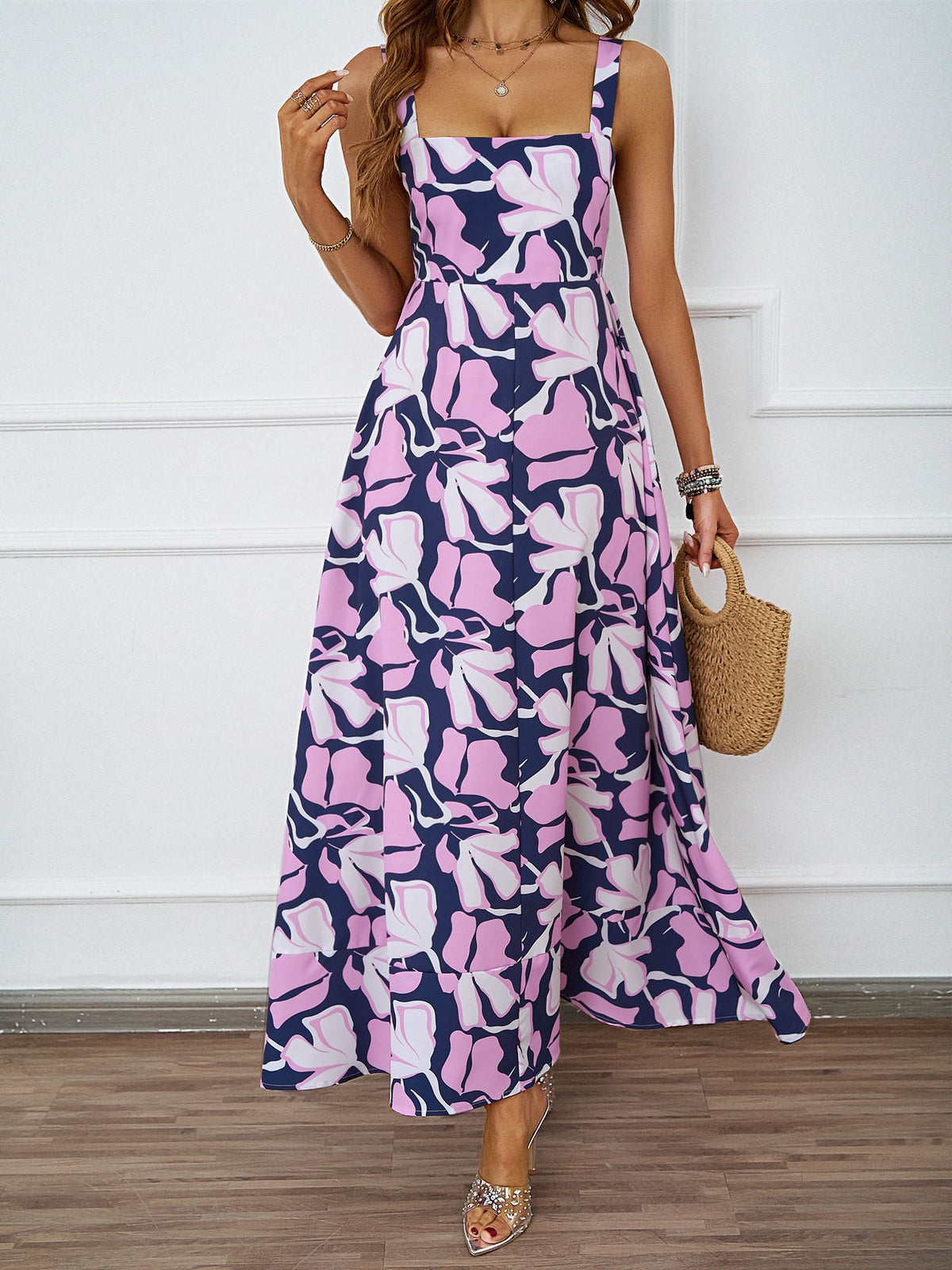Abstract Floral Print Square Neck Wide Strap A-Line Maxi Dress 4