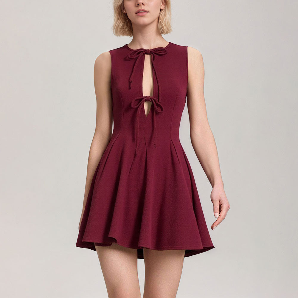 Sleeveless Double Bow Tie Keyhole Front Pleated Skater Mini Dress 2