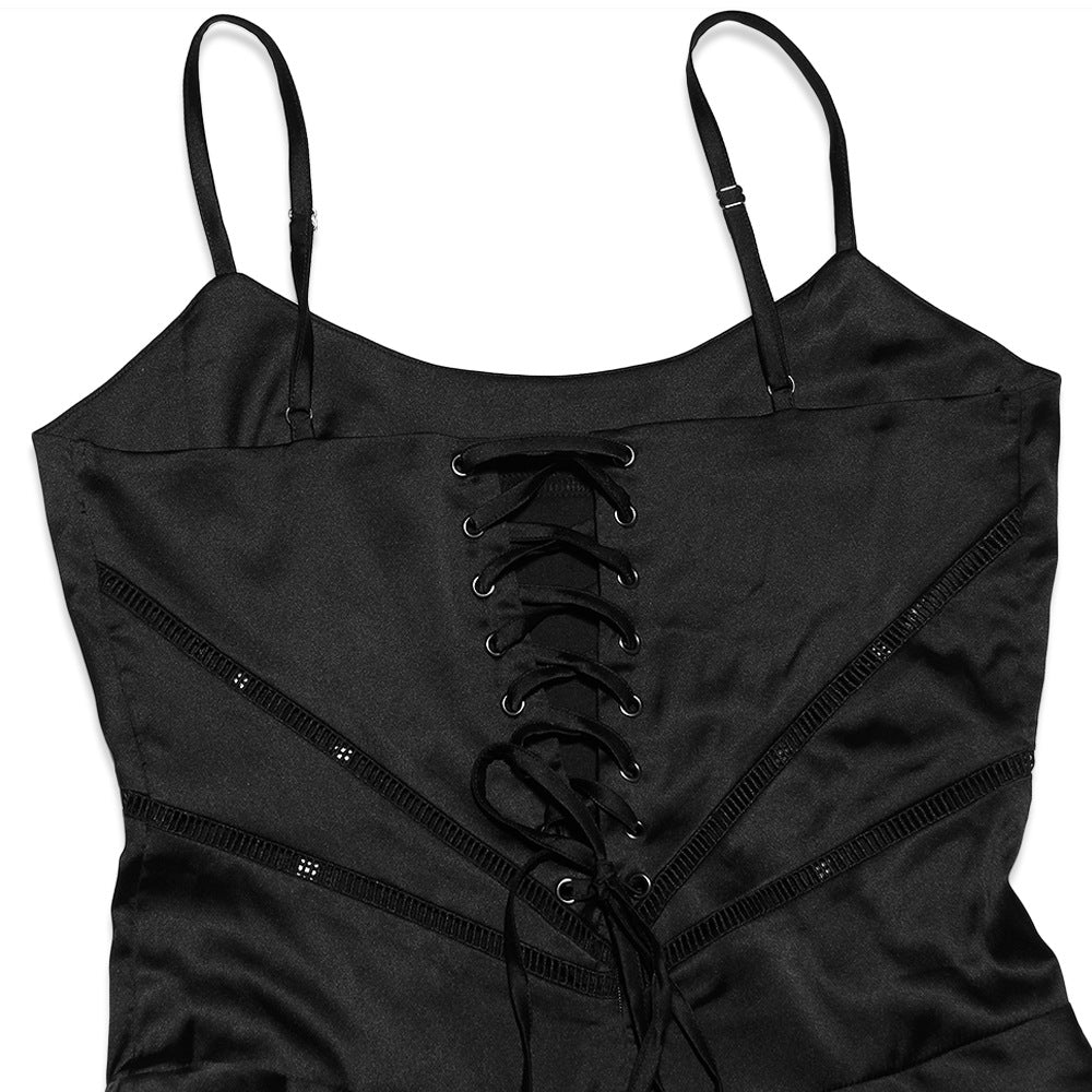 Square Neck Lace Up Back Satin Slip Maxi Dress