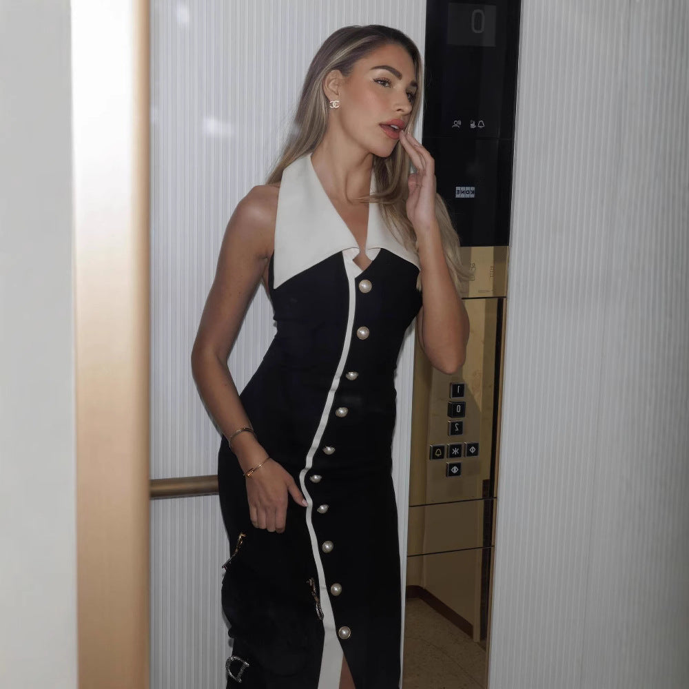 Contrast Collar Halter Neck Button Front Bodycon Maxi Dress 9