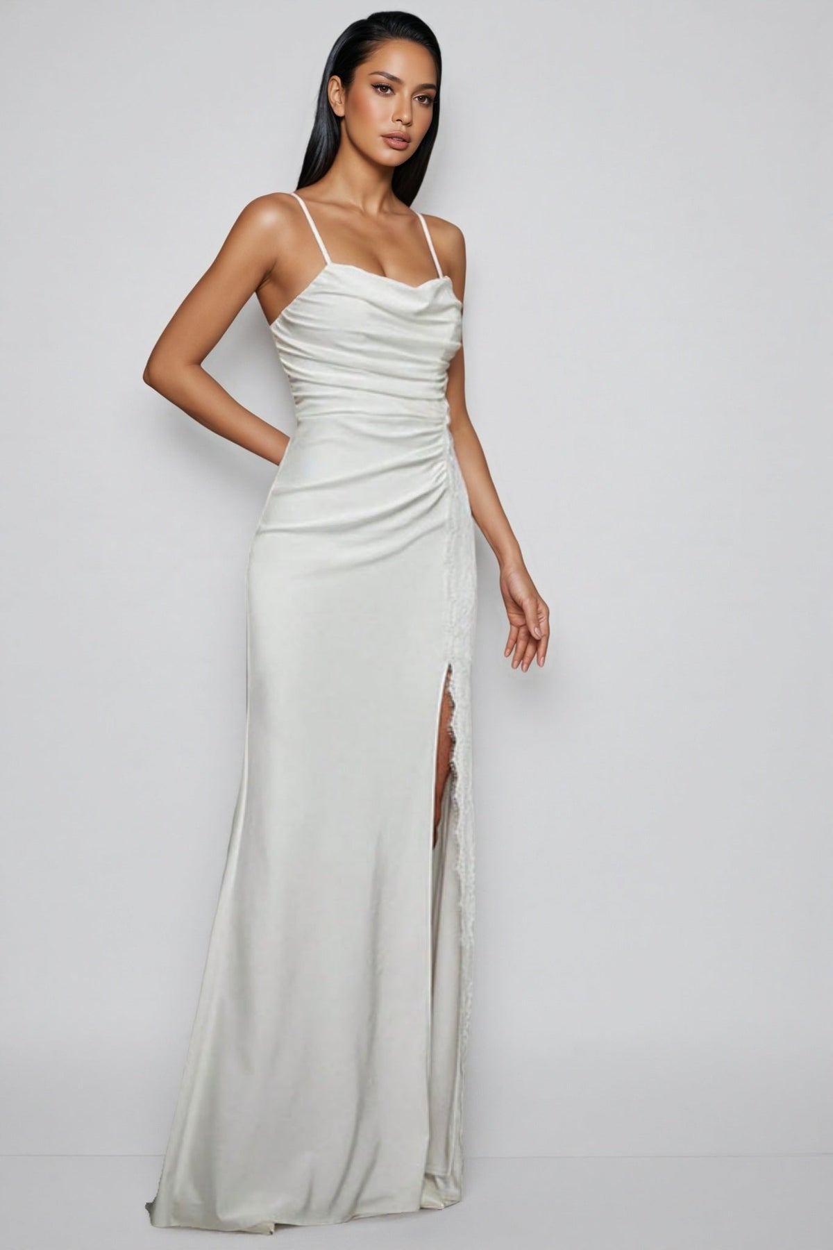 Satin Cowl Neck Spaghetti Strap Ruched High Split Maxi Dress