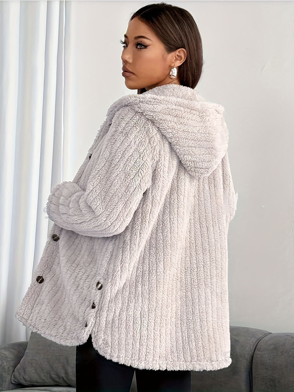 Hooded Button Front Fleece Cardigan Coat
