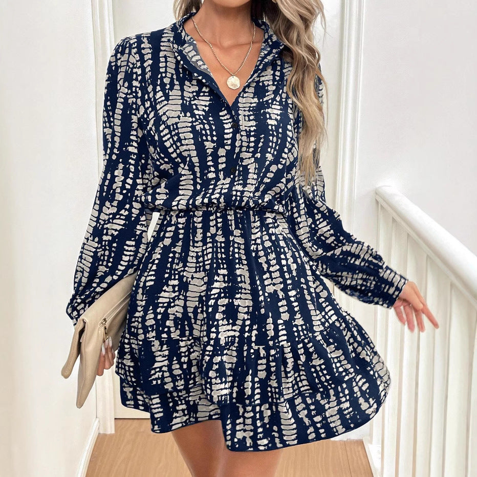 Spring Summer Women Collared Long Sleeve Ruffled Dress