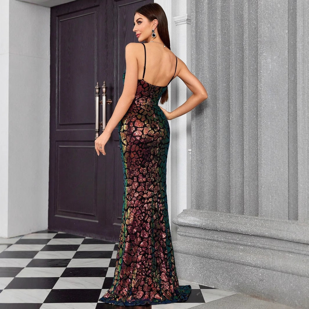 Sequin Spaghetti Strap Deep V-Neck Mermaid Maxi Gown