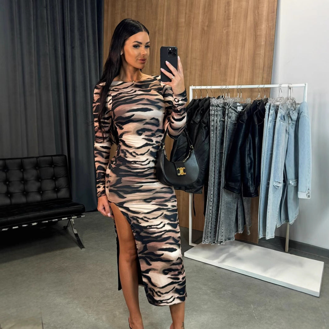 Sexy Slim round Neck Floral Print Slit Long Sleeve Dress Mid Length Hip Dress