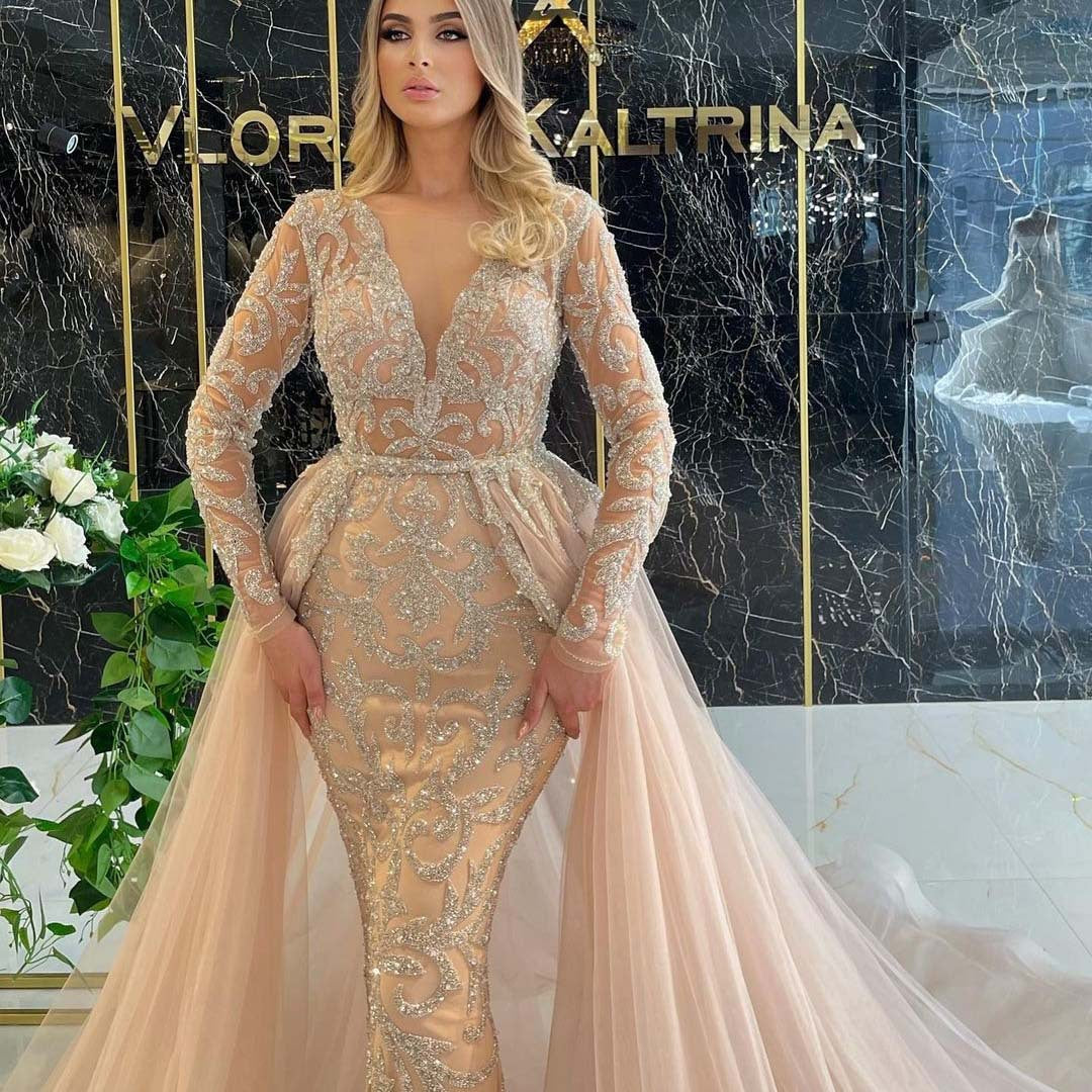 Sequin Mesh Deep V-Neck Long Sleeve Mermaid Overskirt Train Gown