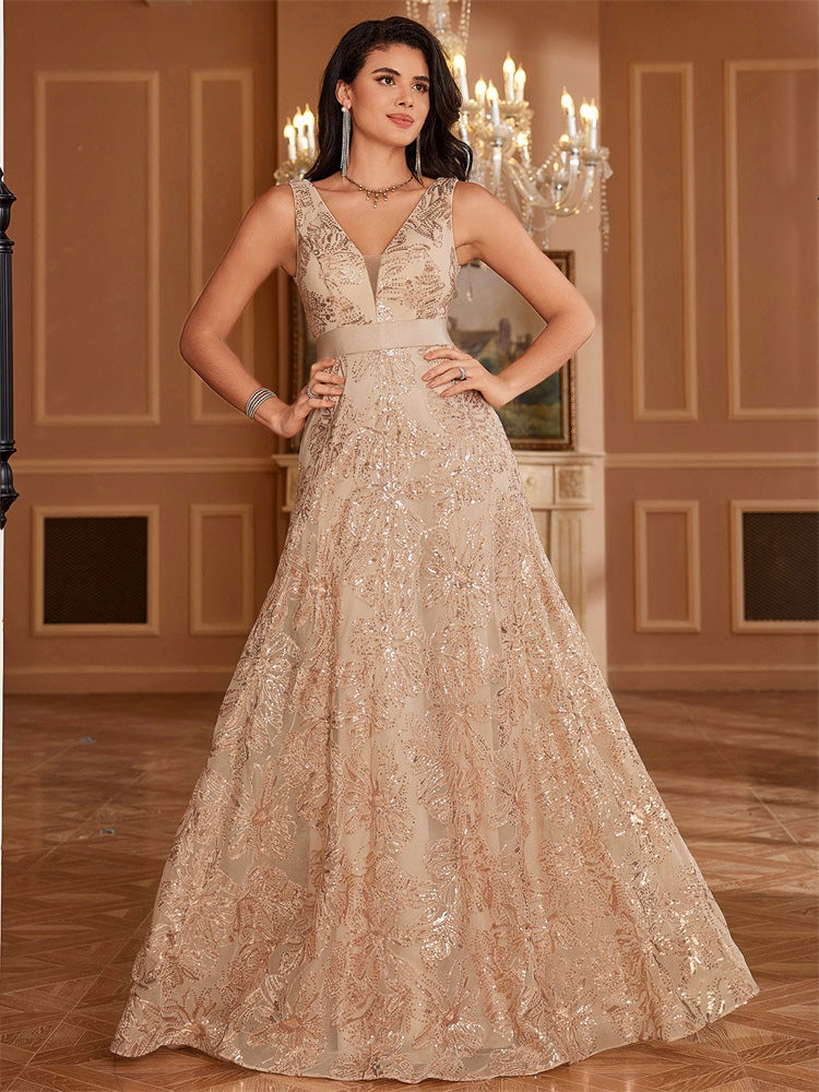 Sequin Deep V-Neck Sleeveless A-Line Maxi Prom Gown