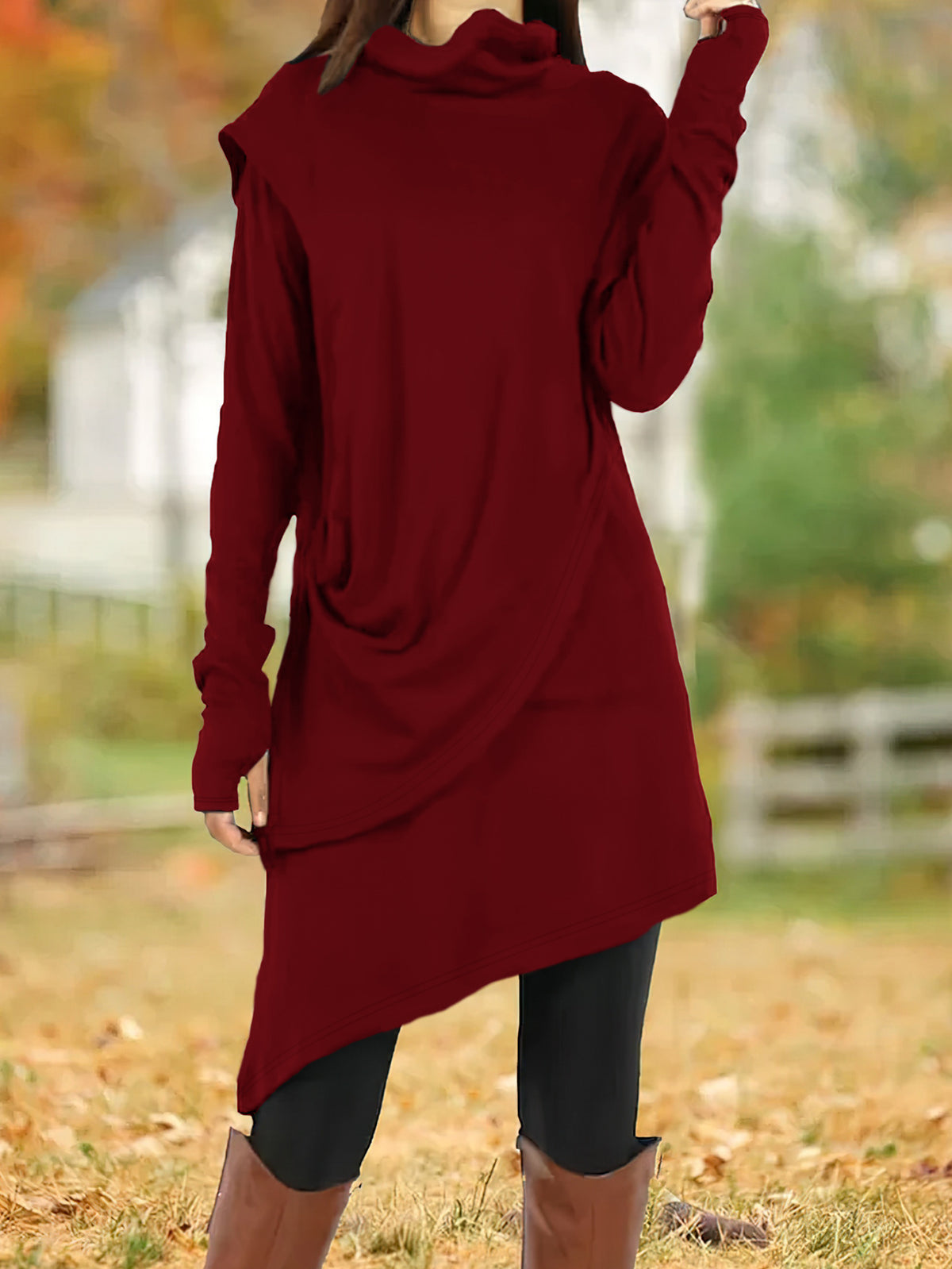 Cowl Turtleneck Draped Asymmetric Layered Long Sleeve Thumbhole Tunic Dress 3