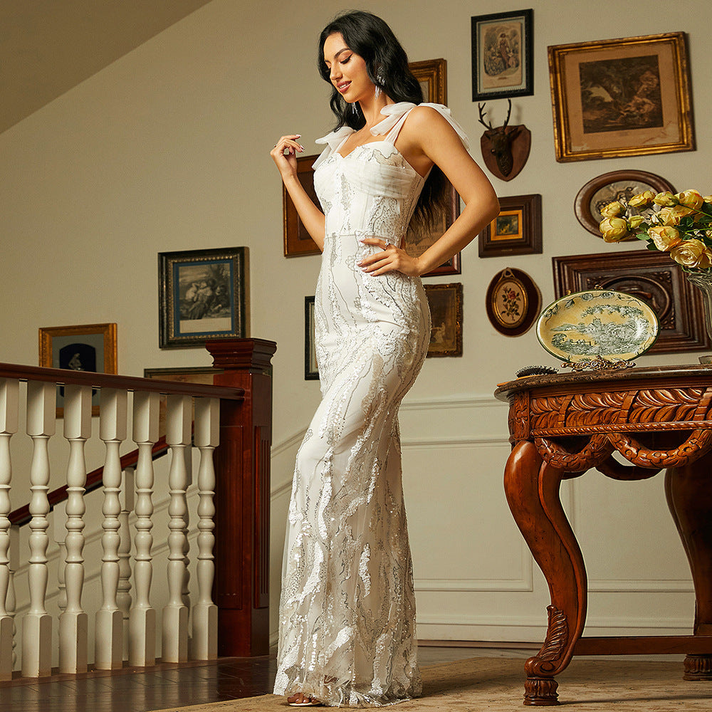 Sequin Tie Strap Sweetheart Mermaid Maxi Evening Dress