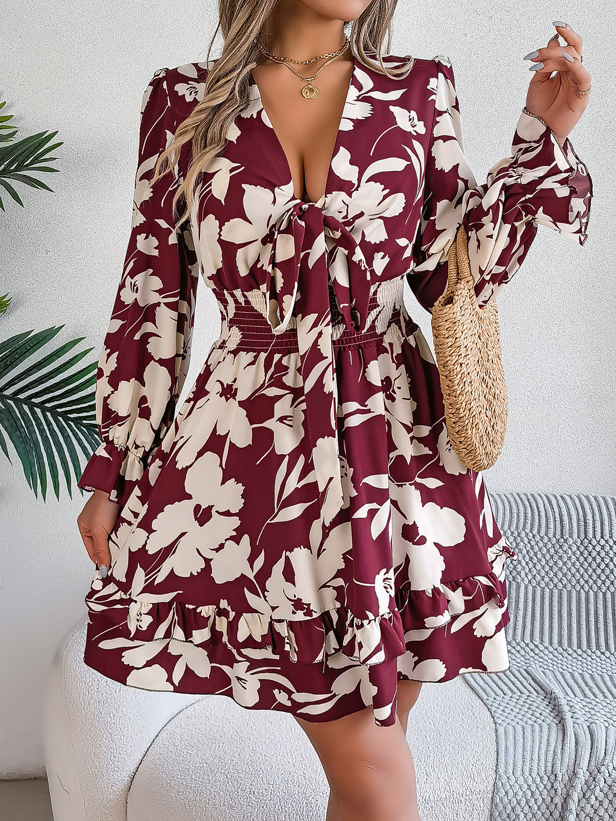 Floral Print Deep V-Neck Tie Front Long Sleeve Smocked Waist Ruffle Mini Dress 6