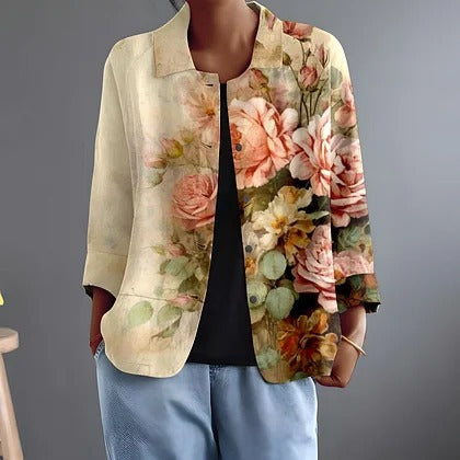 Floral Print Open Front Collarless Jacket