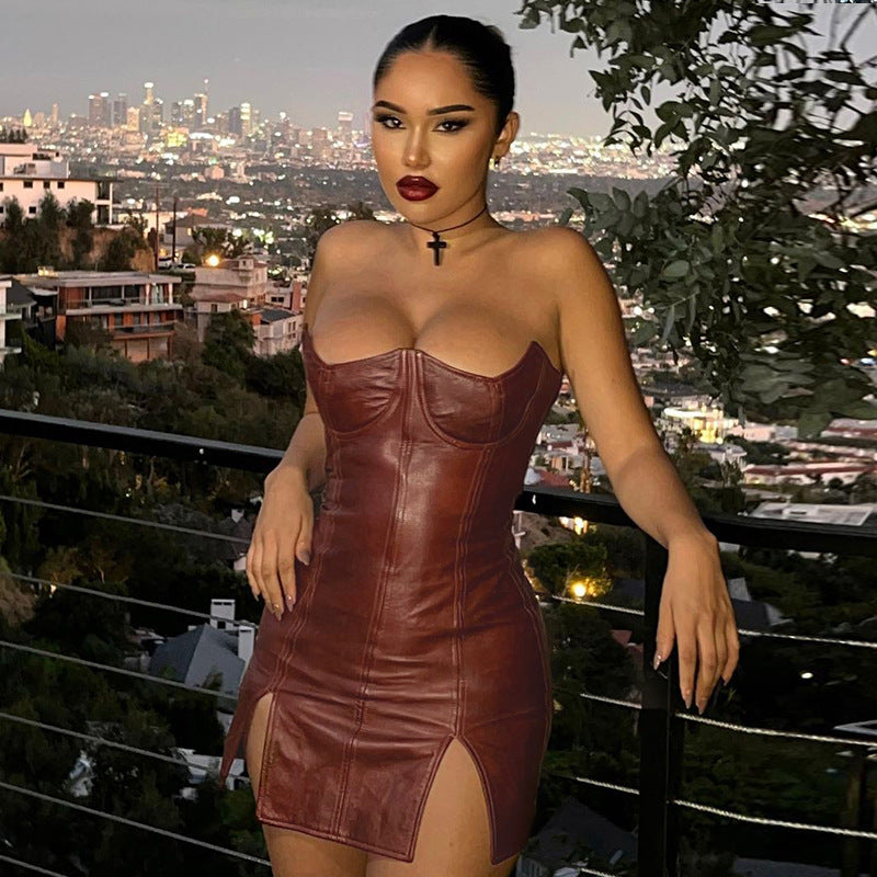 Faux Leather Strapless Corset Bustier Double Slit Bodycon Mini Dress 3