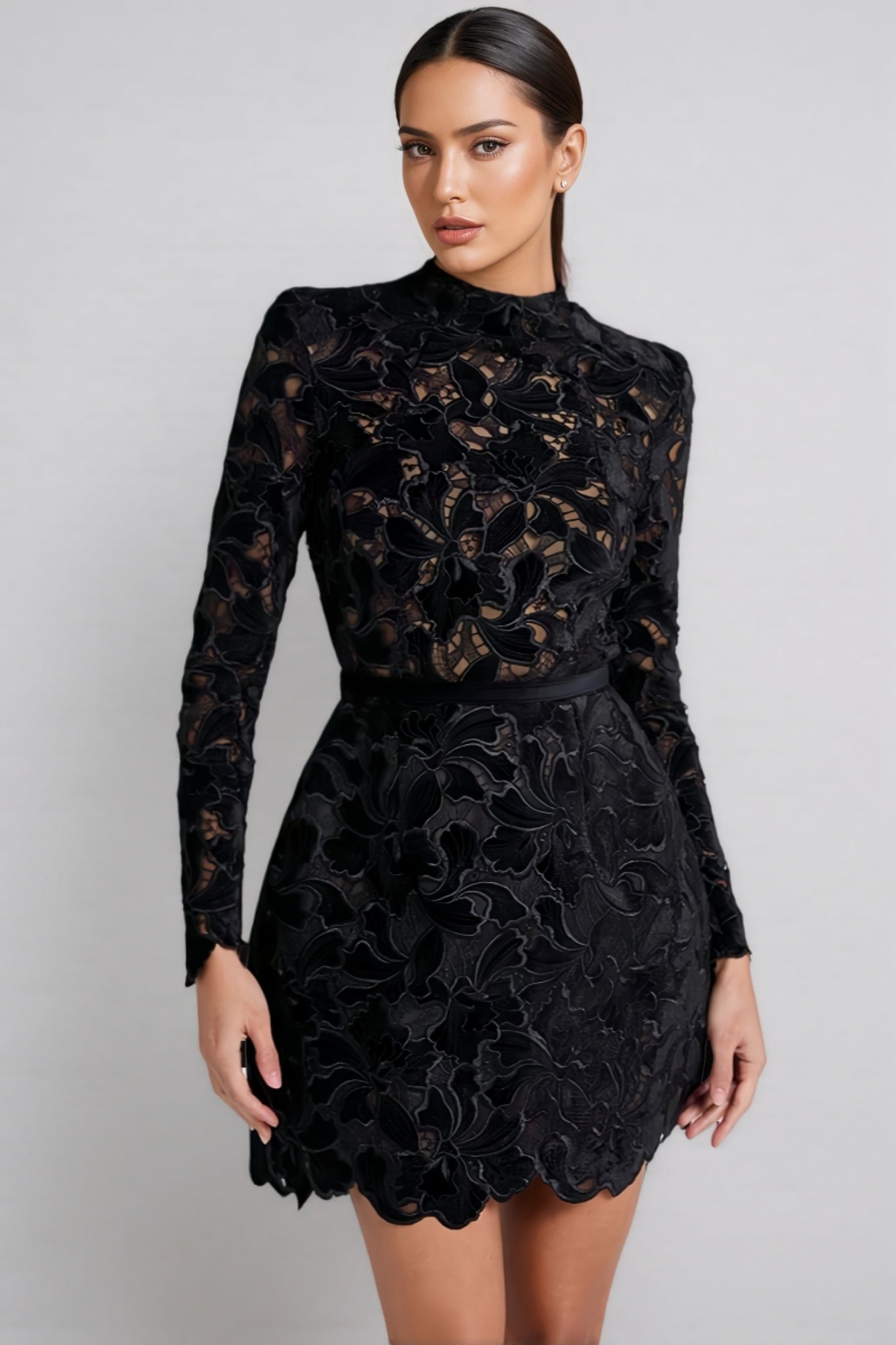 Vali Long Sleeve Lace Mini Dress-Black - View 2
