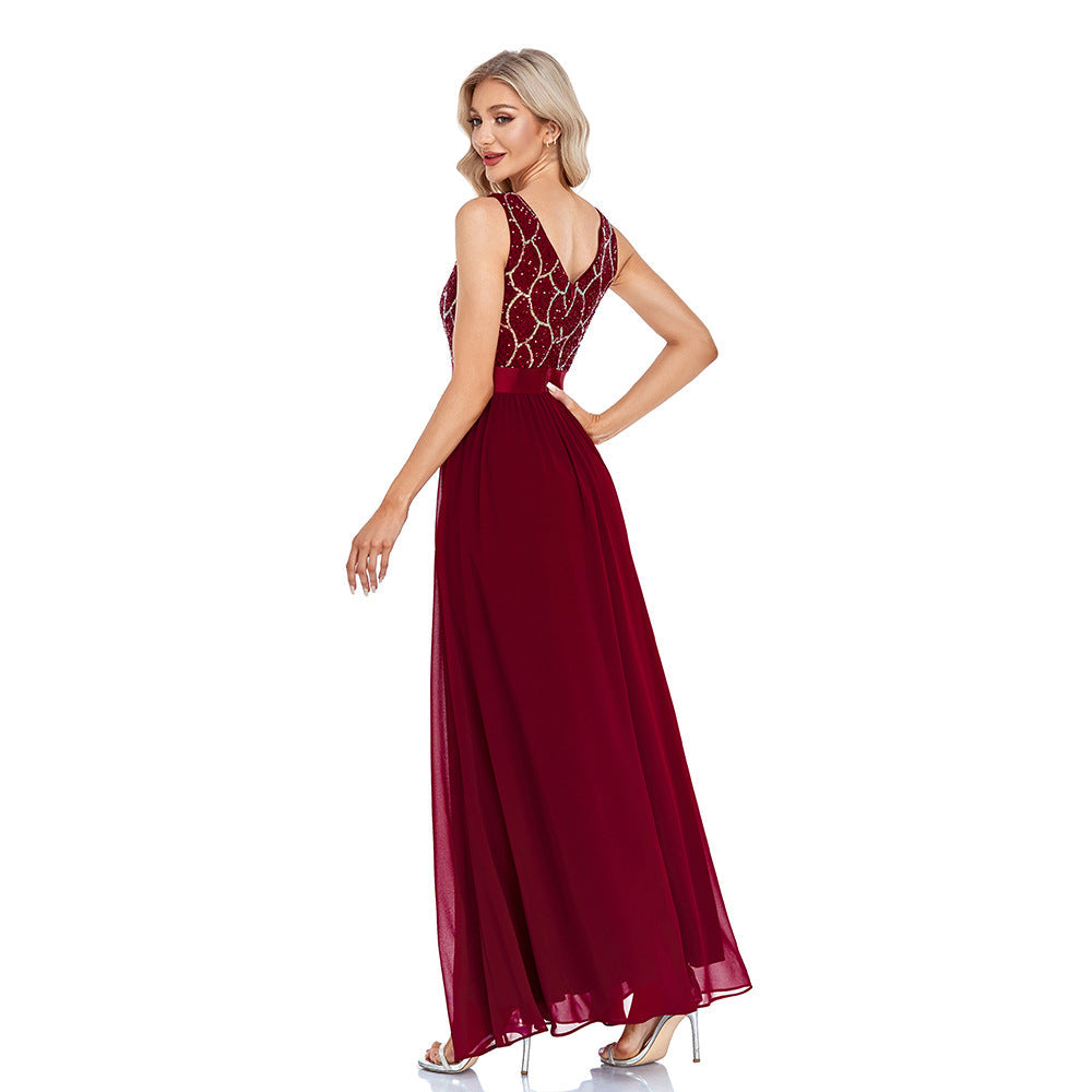 Sequin V-Neck Sleeveless Chiffon A-Line Maxi Gown