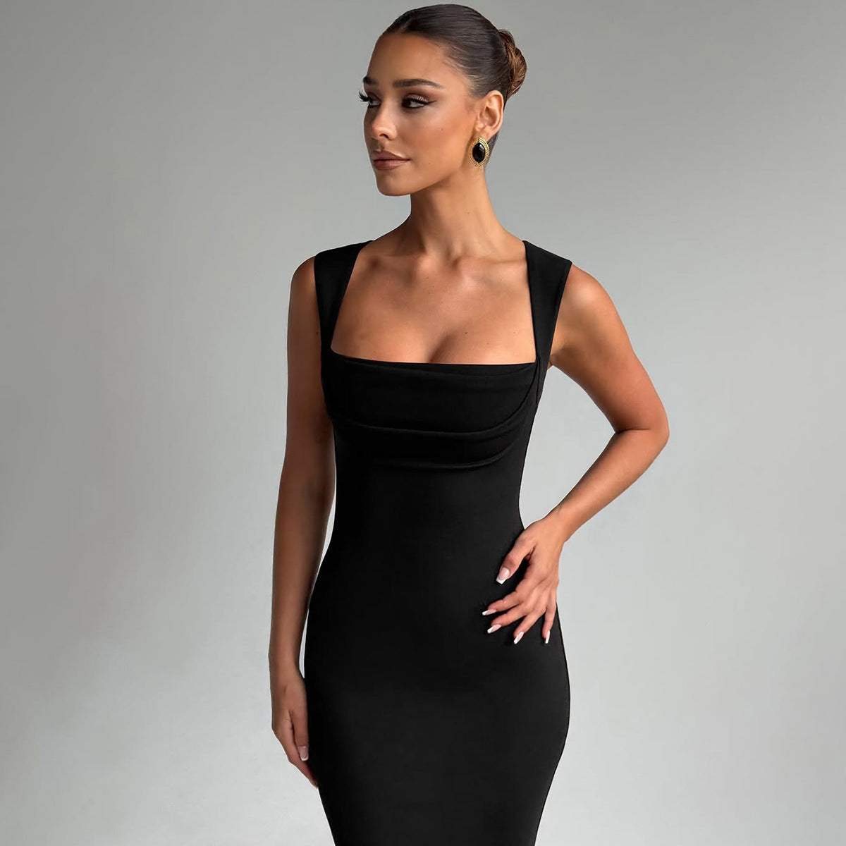Square Neck Sleeveless Ruched Bust Bodycon Maxi Dress 6